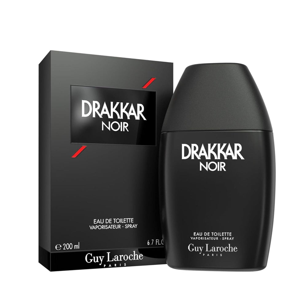 Guy Laroche Drakkar Noir bottle close-up showcasing iconic design and timeless masculinity for gifts or personal luxury.
