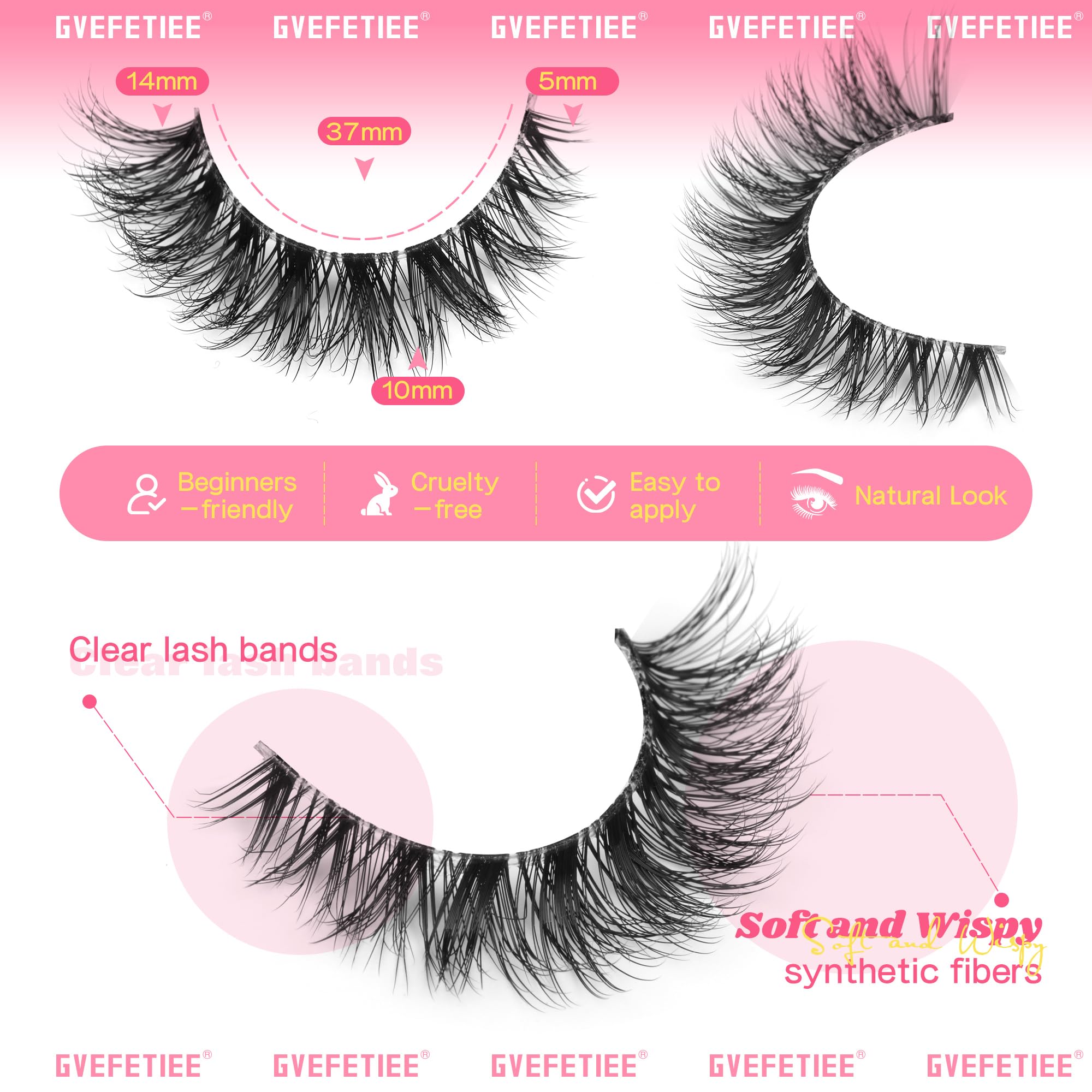 GVEFETIEE false eyelashes with transparent band for quick, comfortable application.