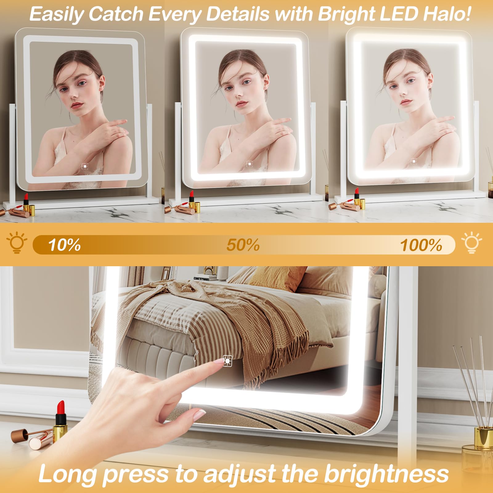 360-degree rotation lets you frame makeup from any angle.
