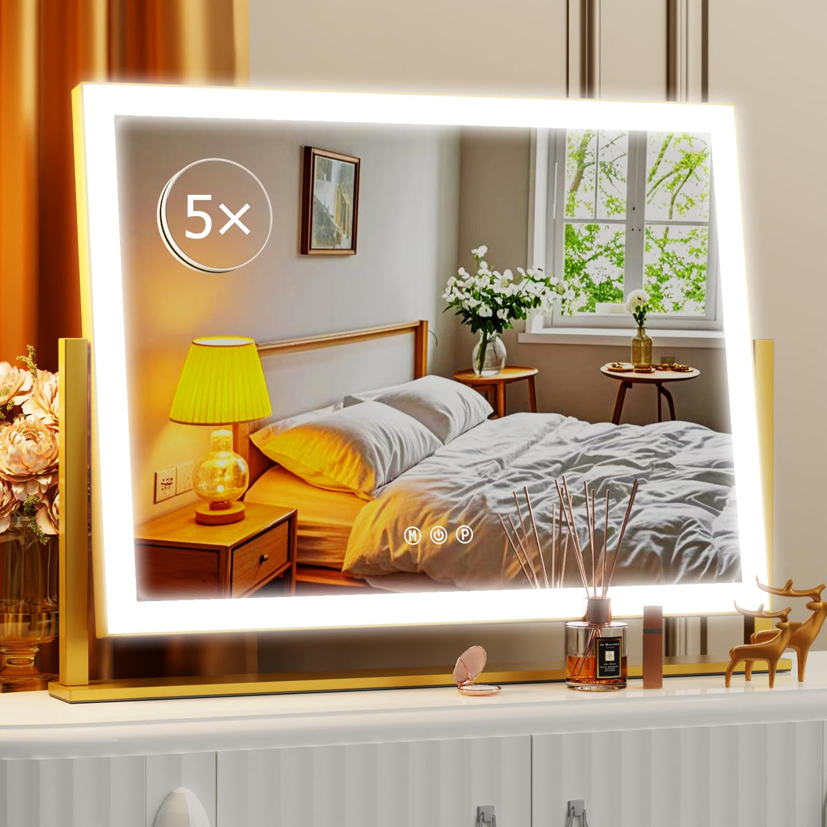 Gvnkvn lighted makeup mirror with Hollywood-style frame provides bright, even illumination.