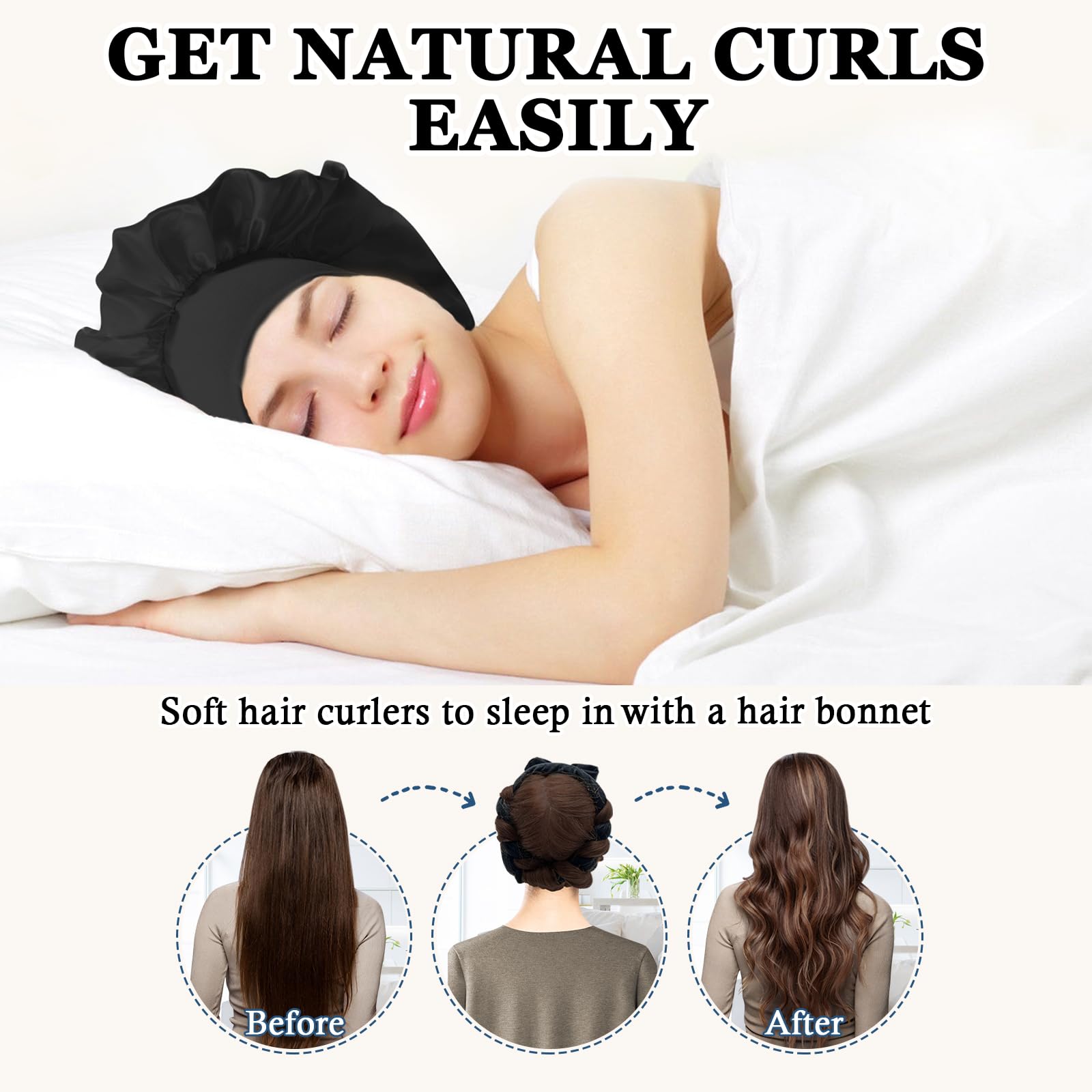 Gwabee satin sleep bonnet in black to protect hair while curling overnight