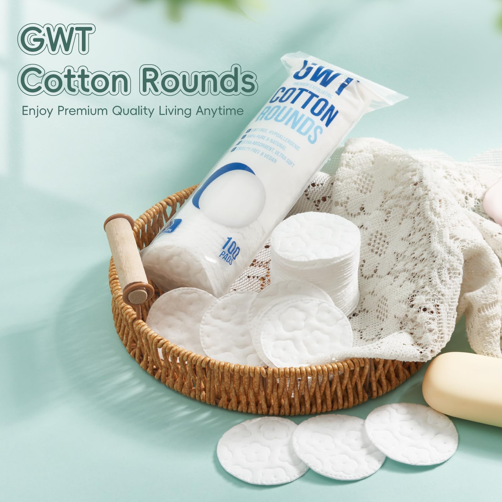 GWT Premium Cotton Rounds high absorbency for makeup and skincare.