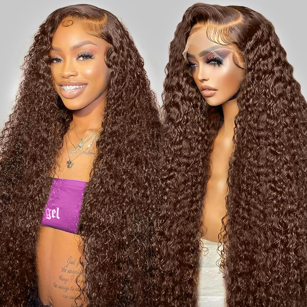GXTKI 30-inch chocolate brown wig with deep wave lace front for natural movement.