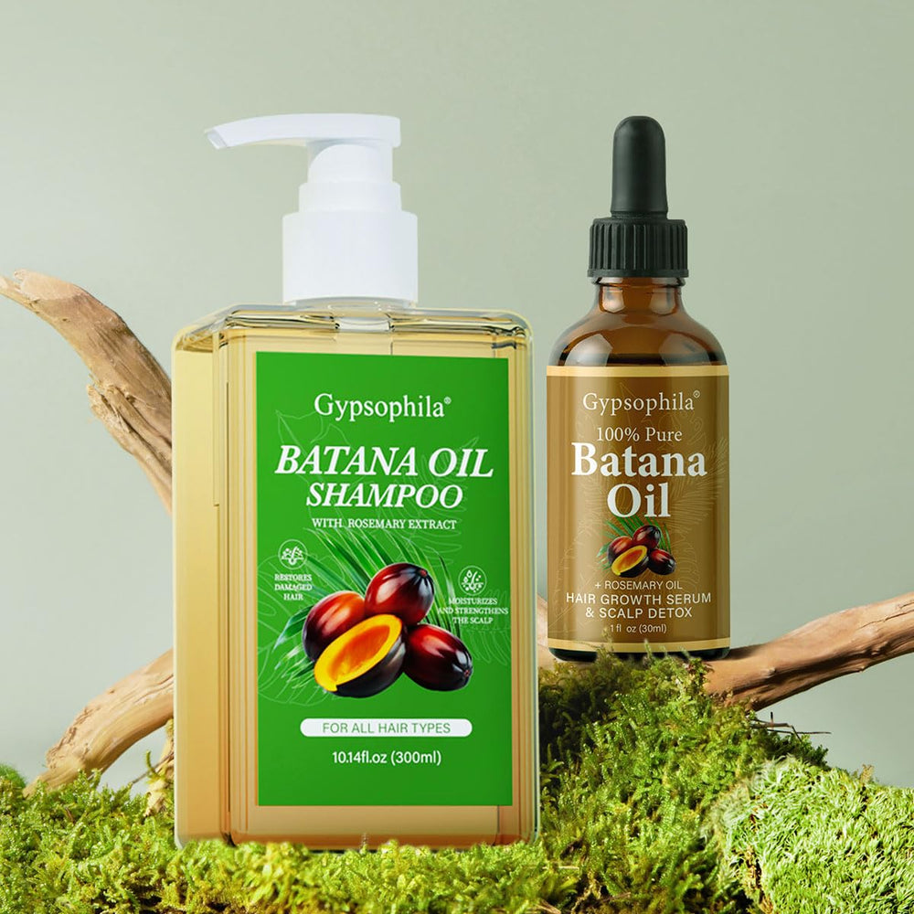 Gypsophila Batana Oil bottle highlighting nourishing Batana formula for healthier hair.