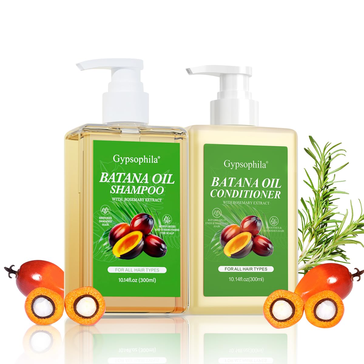 Gypsophila Batana Oil Shampoo bottle shows a sulfate-free formula for healthier hair.