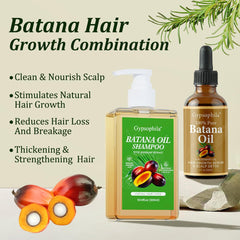 Gypsophila Batana Oil Shampoo bottle showing cleansing and strengthening properties.