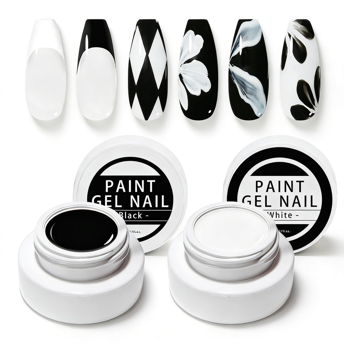 Frascos gel uñas Gyraolvant blanco y negro, ideal para manualidades en casa.