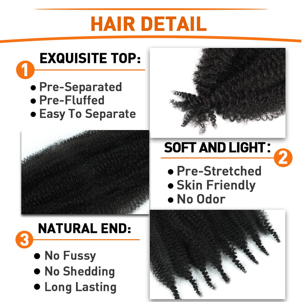 GZVIS Springy Afro Twist Hair 12in close-up shows pre-fluffed strands ready for styling.