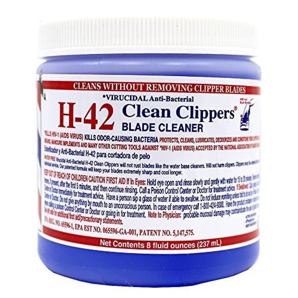 H-42 Clean Clippers Blade Cleaner bottle shows virucidal antibacterial action for blade maintenance