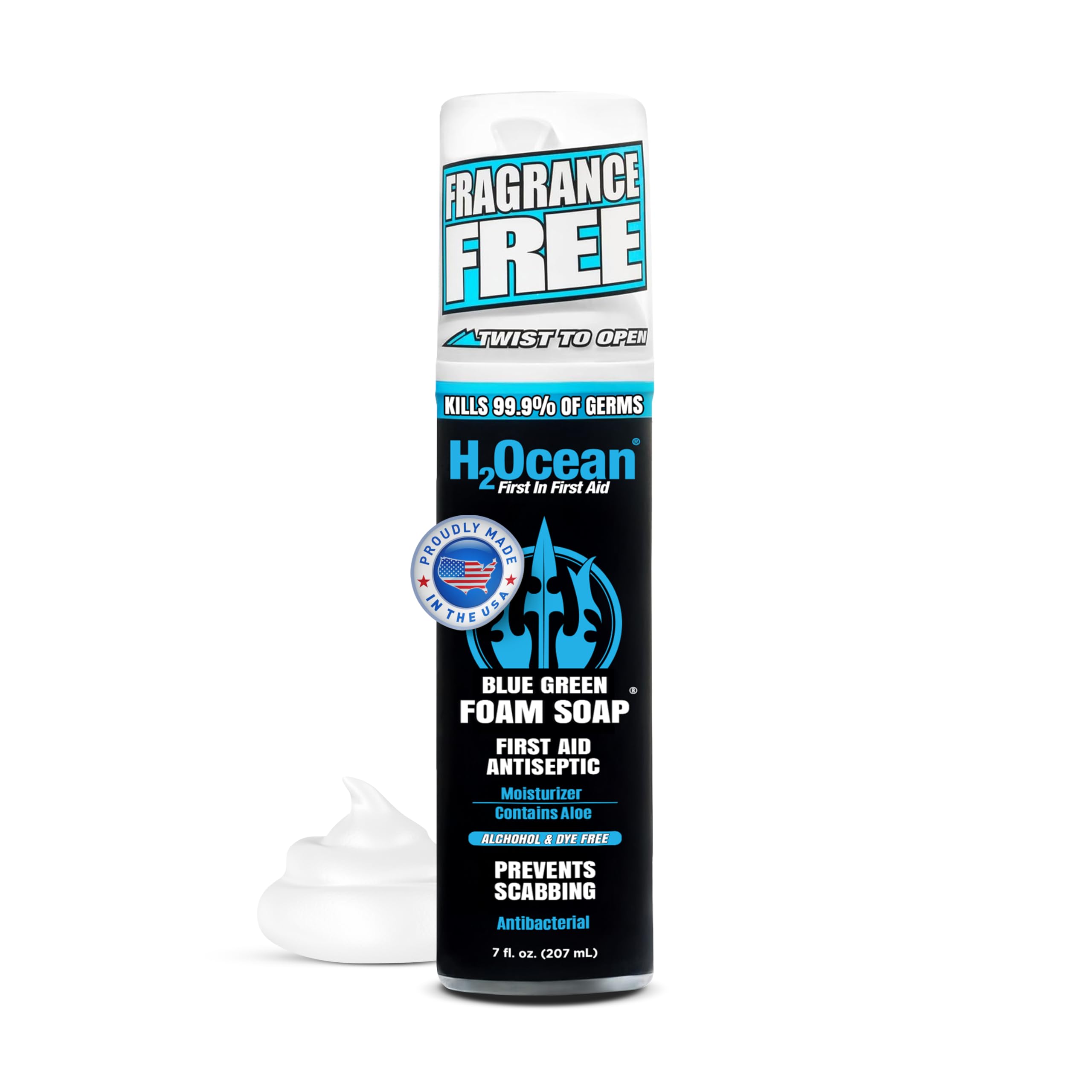 H2Ocean Blue Green Foam Soap junto a tatuaje reciente, cuidado suave