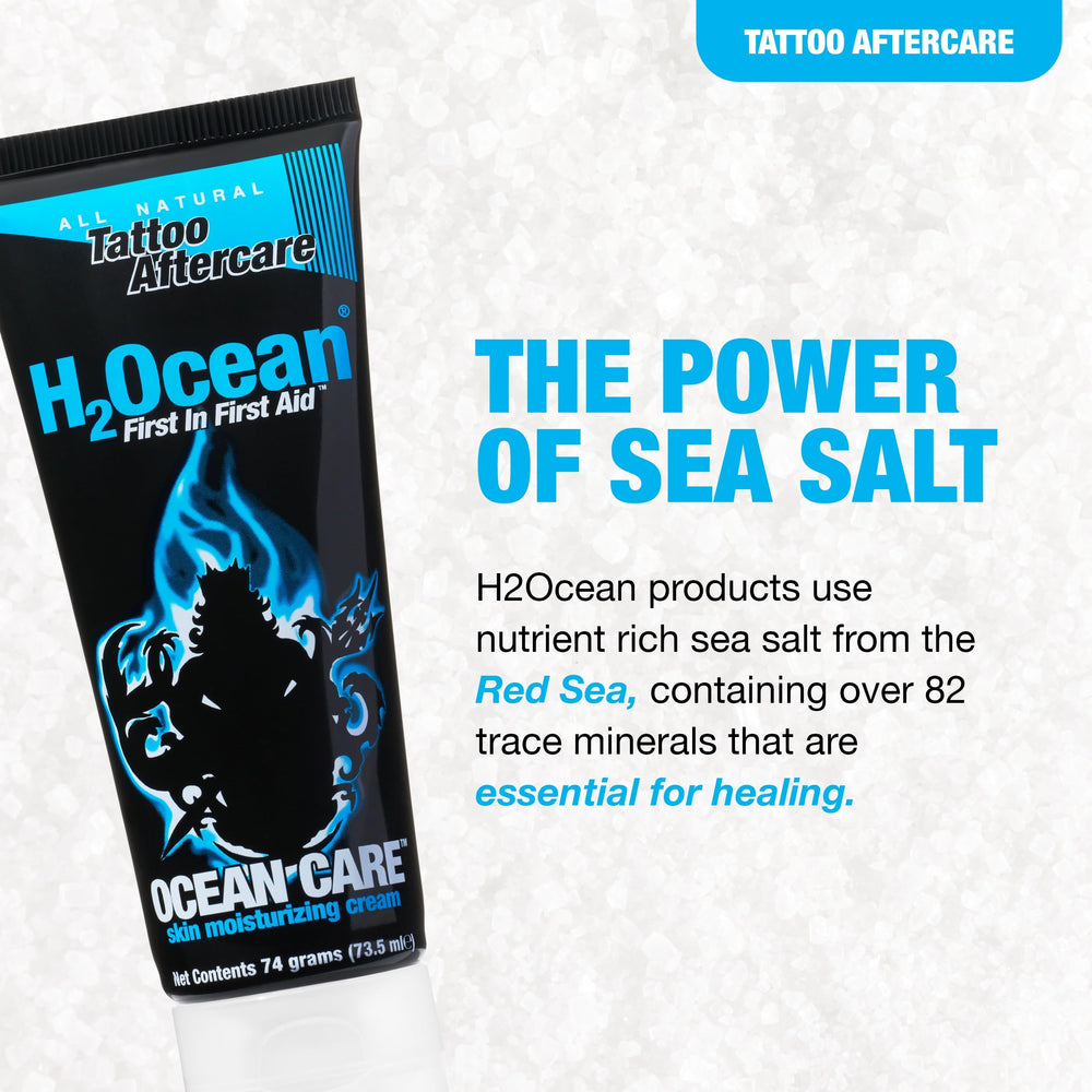 Ingredientes naturales: sal marina y minerales en H2Ocean para tatuajes.