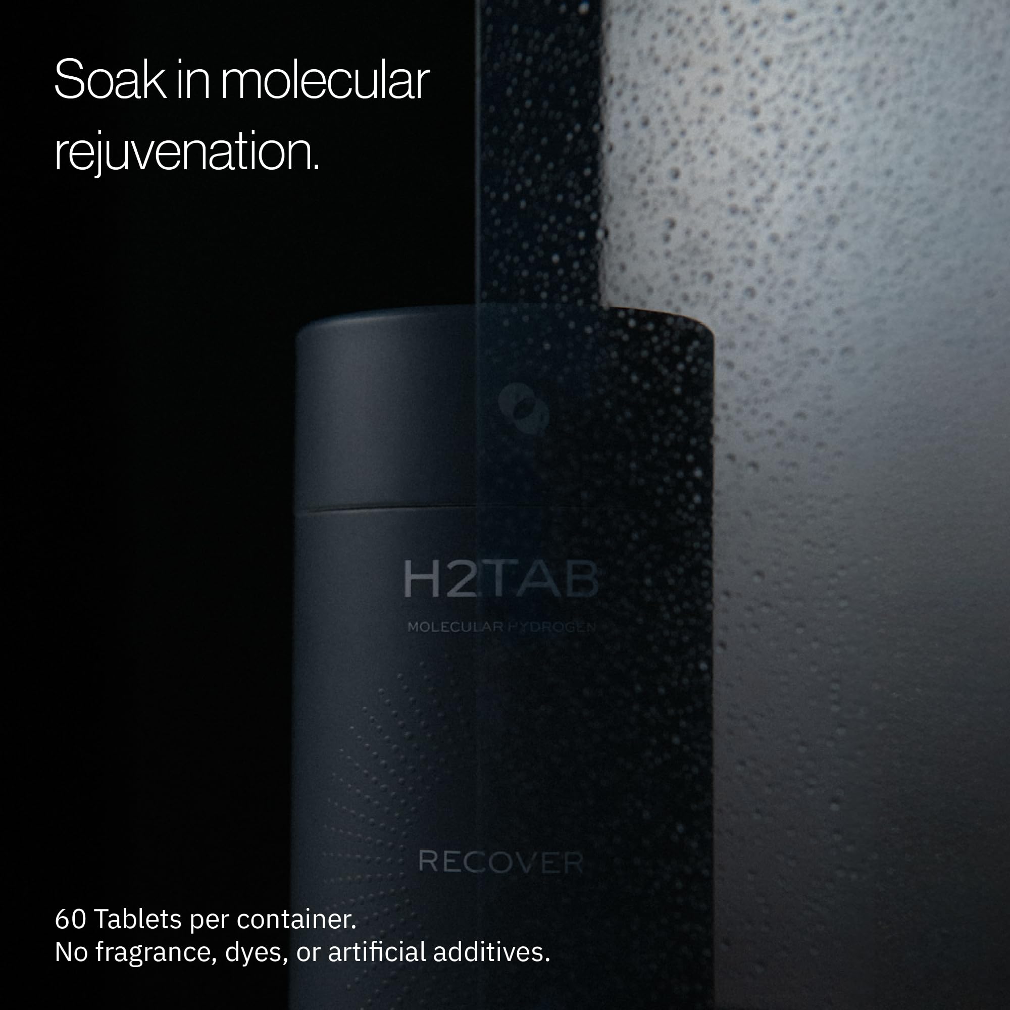 H2TAB tablet dissolving in water releasing hydrogen for a soothing soak.