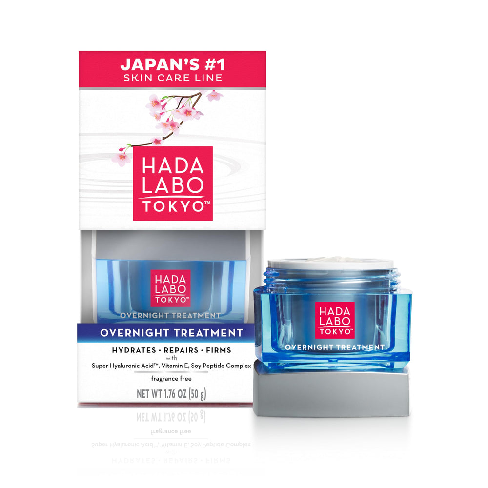 Hada Labo Tokyo Overnight Treatment bottle shown on bathroom shelf for deep overnight hydration