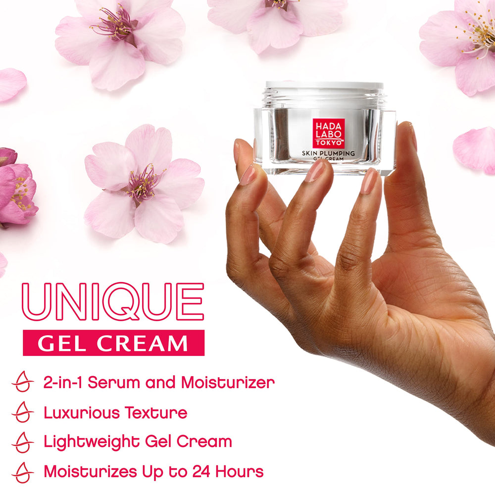 Gently massaging Hada Labo Tokyo Plumping Gel Cream onto face and neck
