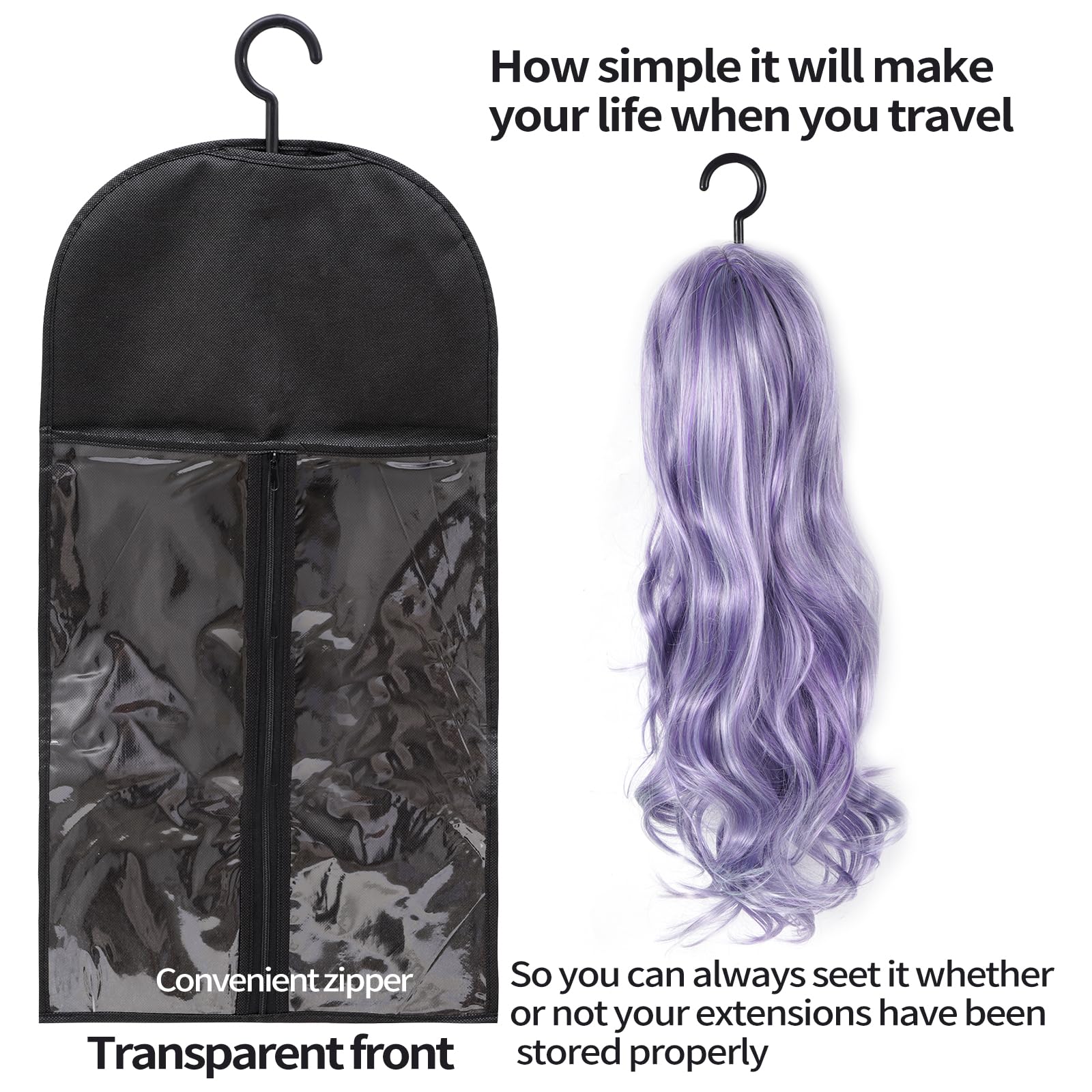Hadwoer wig storage hanger front view for quick access and clear identification.
