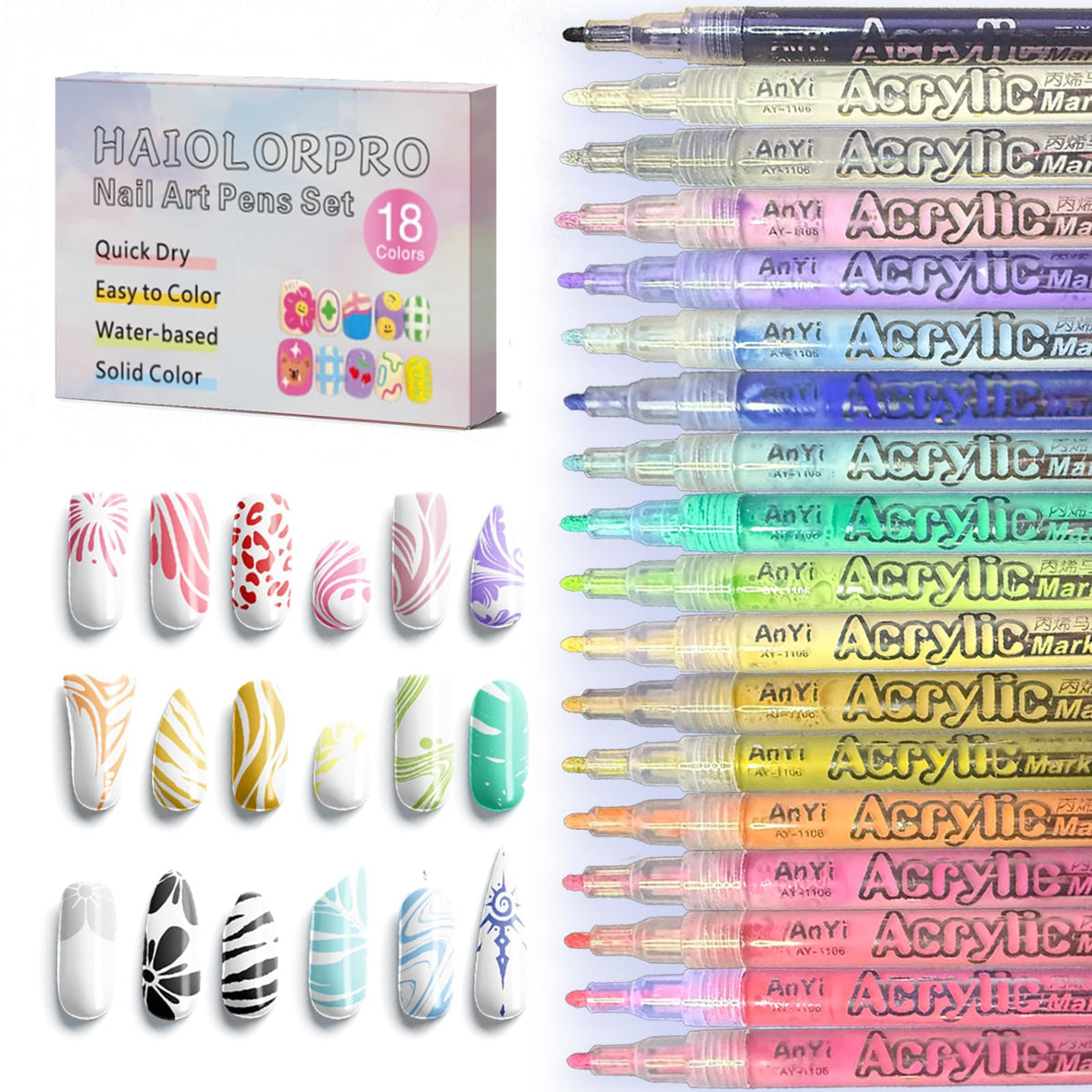 HAIOLORPRO 18-color nail art pens set shown with vibrant palette for versatile manicure ideas