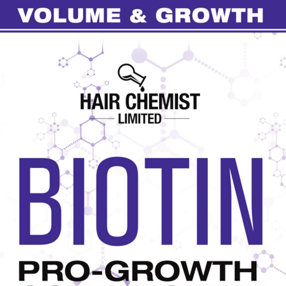 Hair Chemist Biotin Pro-Growth: botella con etiqueta de EE. UU. y enfoque en el cuidado