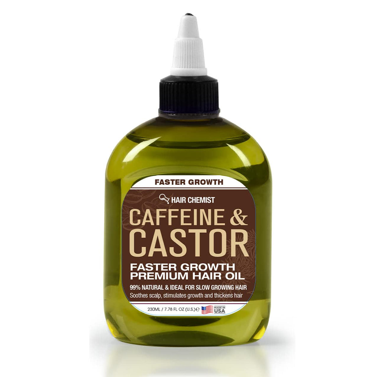 Hair Chemist Oil bottle label highlights caffeine and castor blend for hair health.