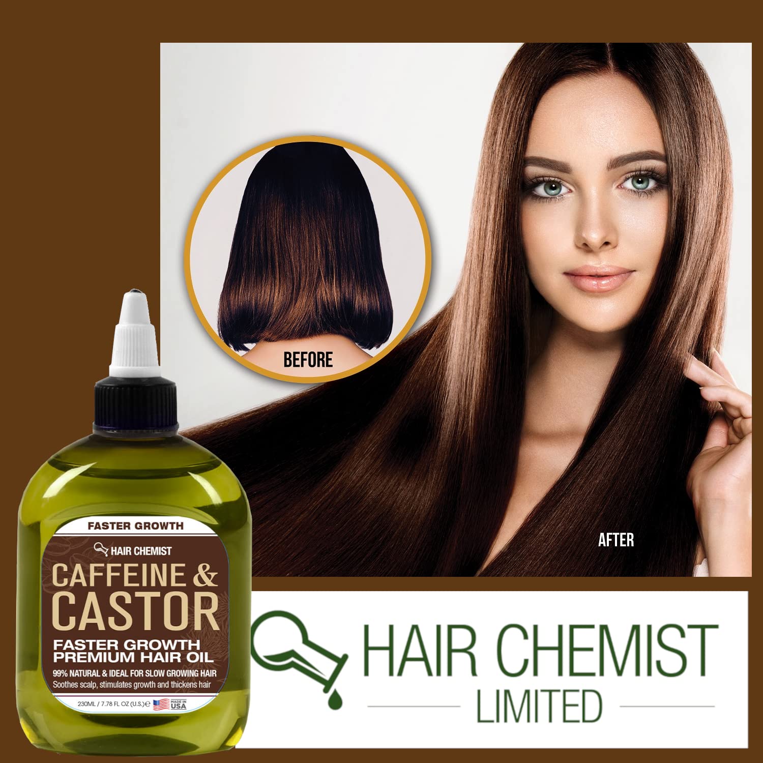 Hair Chemist Oil packaging USA label reinforces proudly made in the USA.