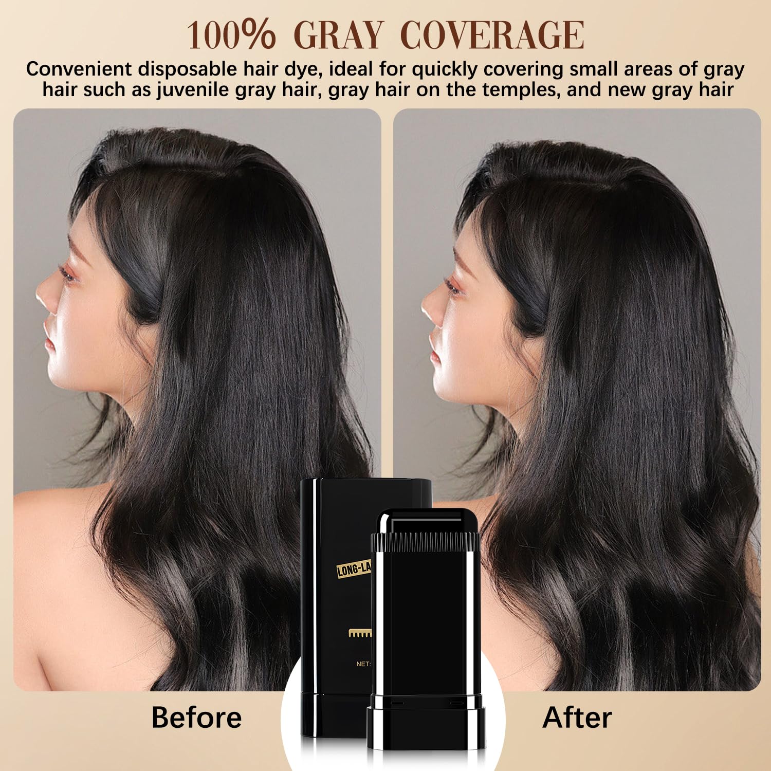 Hair Color Stick packaging and product tip visible.