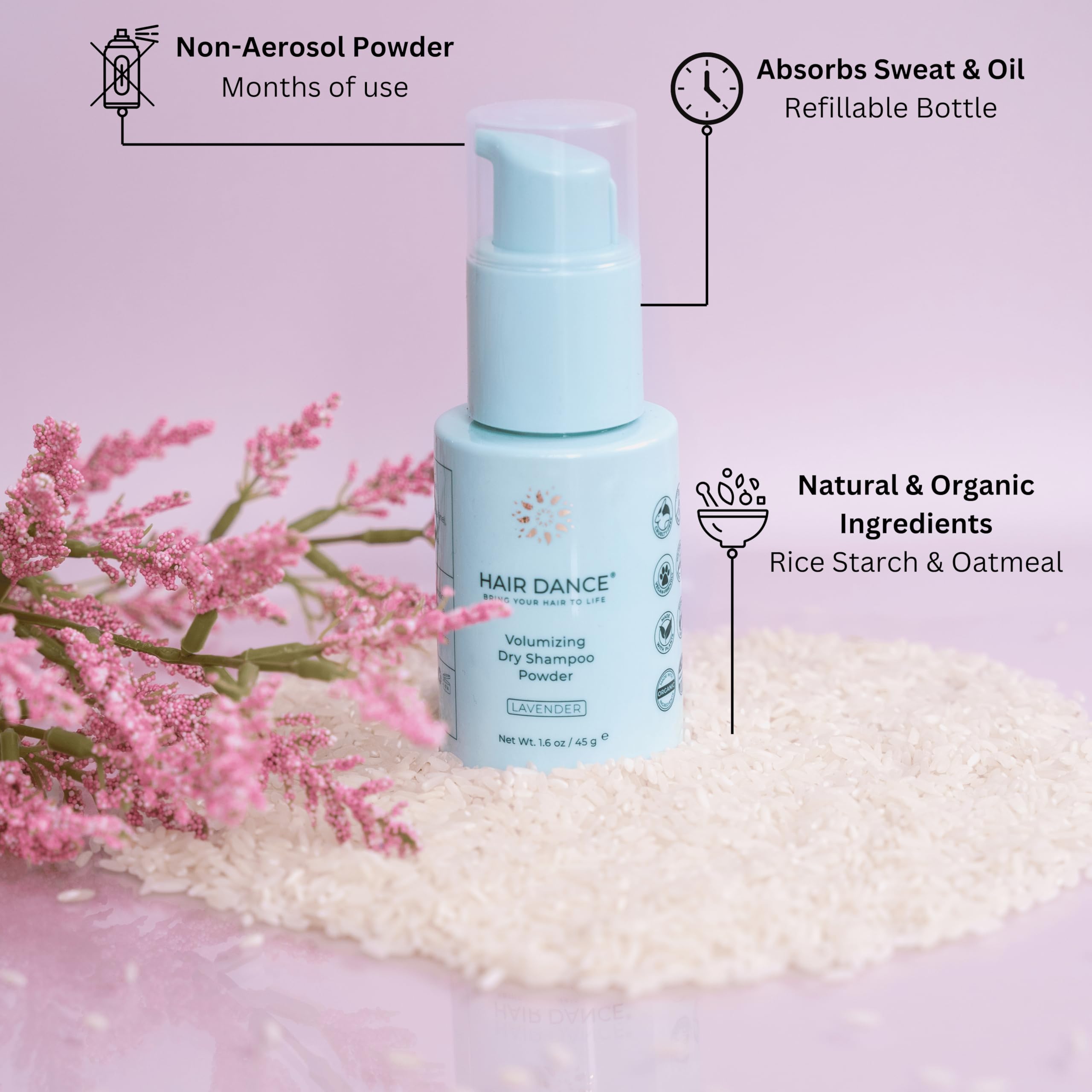 Hair Dance dry shampoo powder on hand ready for easy application and refresh.