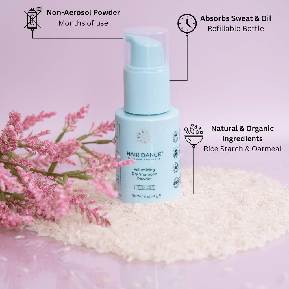 Hair Dance dry shampoo powder on hand ready for easy application and refresh.
