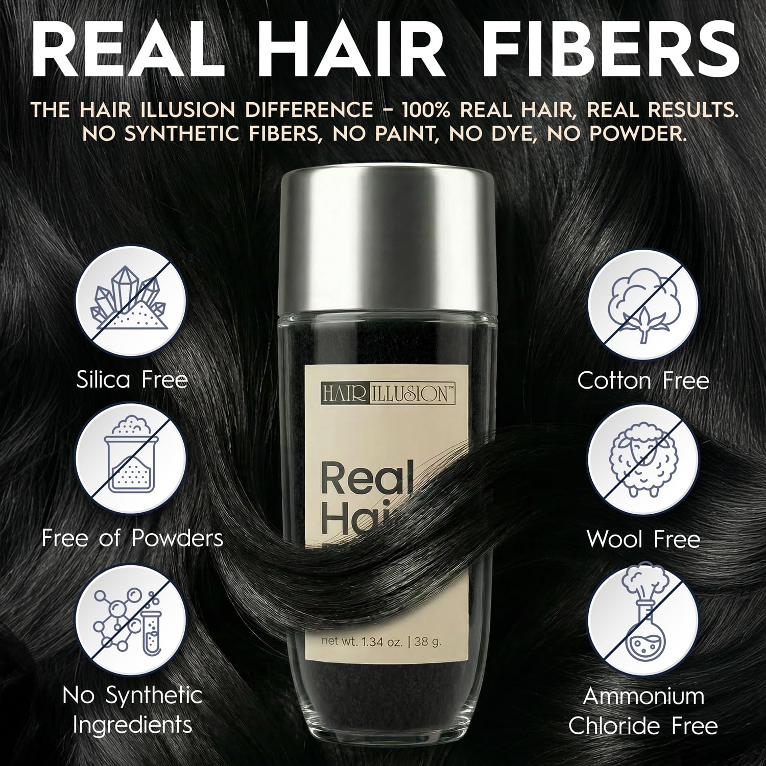 Hair Illusion bald spot concealment with natural fibers for seamless shade