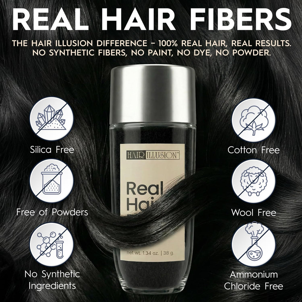 Hair Illusion bald spot concealment with natural fibers for seamless shade