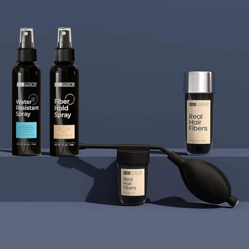 Hair Illusion bundle with fibers, hold spray, and applicator for instant fullness.