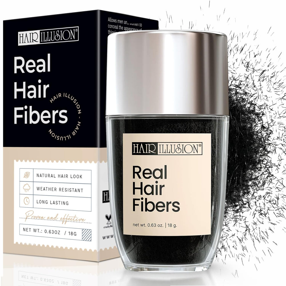 Hair Illusion fiber hold spray bottle demonstrates lasting hold without flaking.