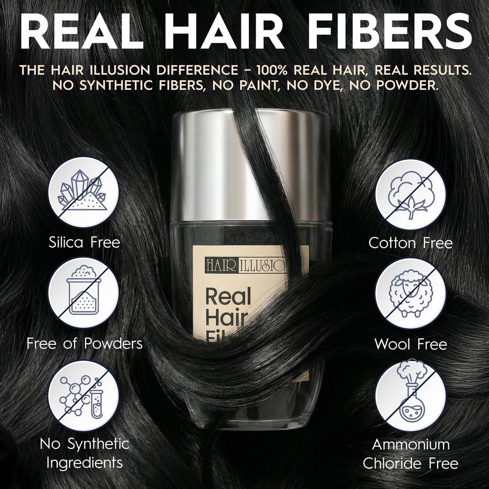 Hair Illusion real hair fibers application demonstrates quick thinning-area coverage.