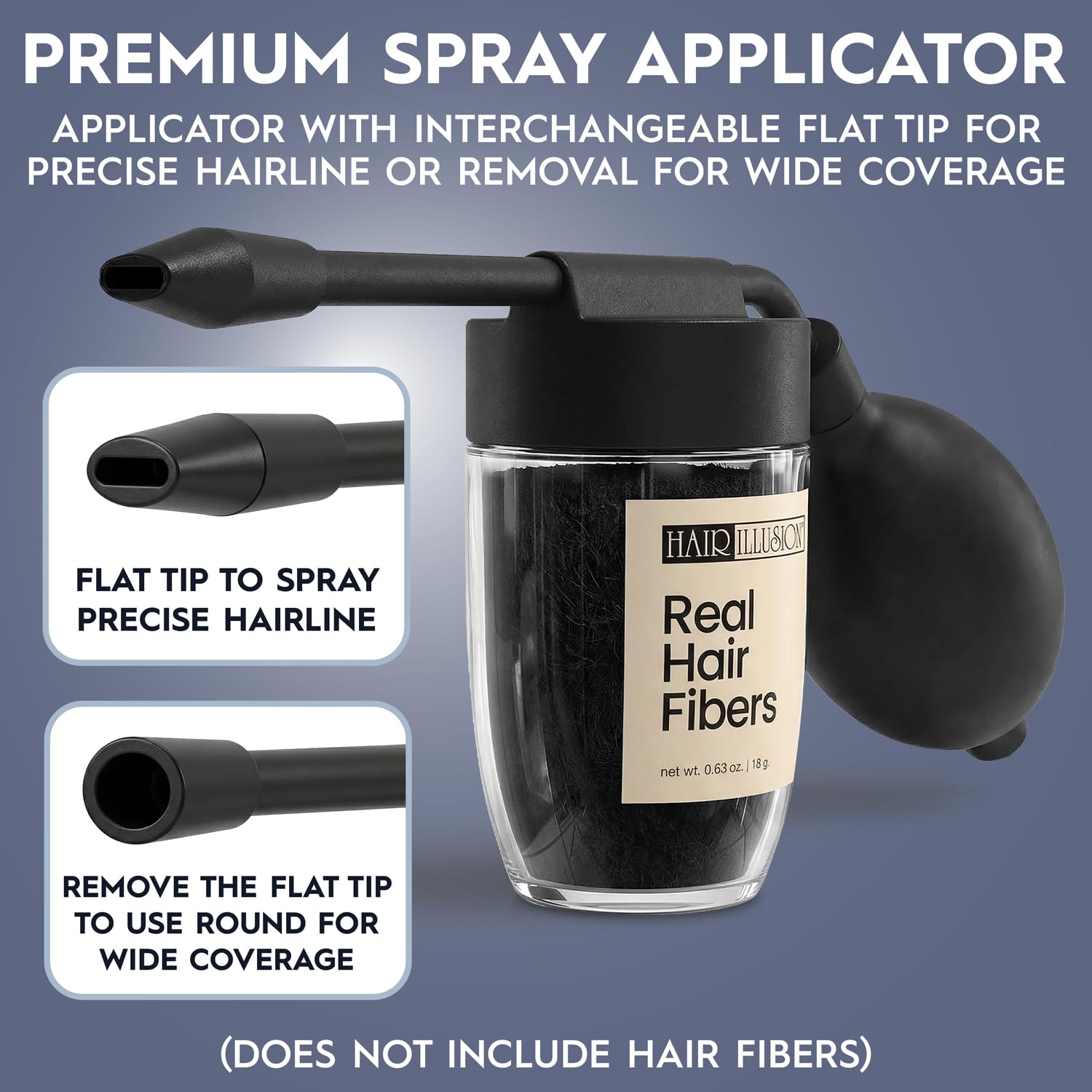 Hair Illusion removable flat tip enables easy switch for wider coverage.