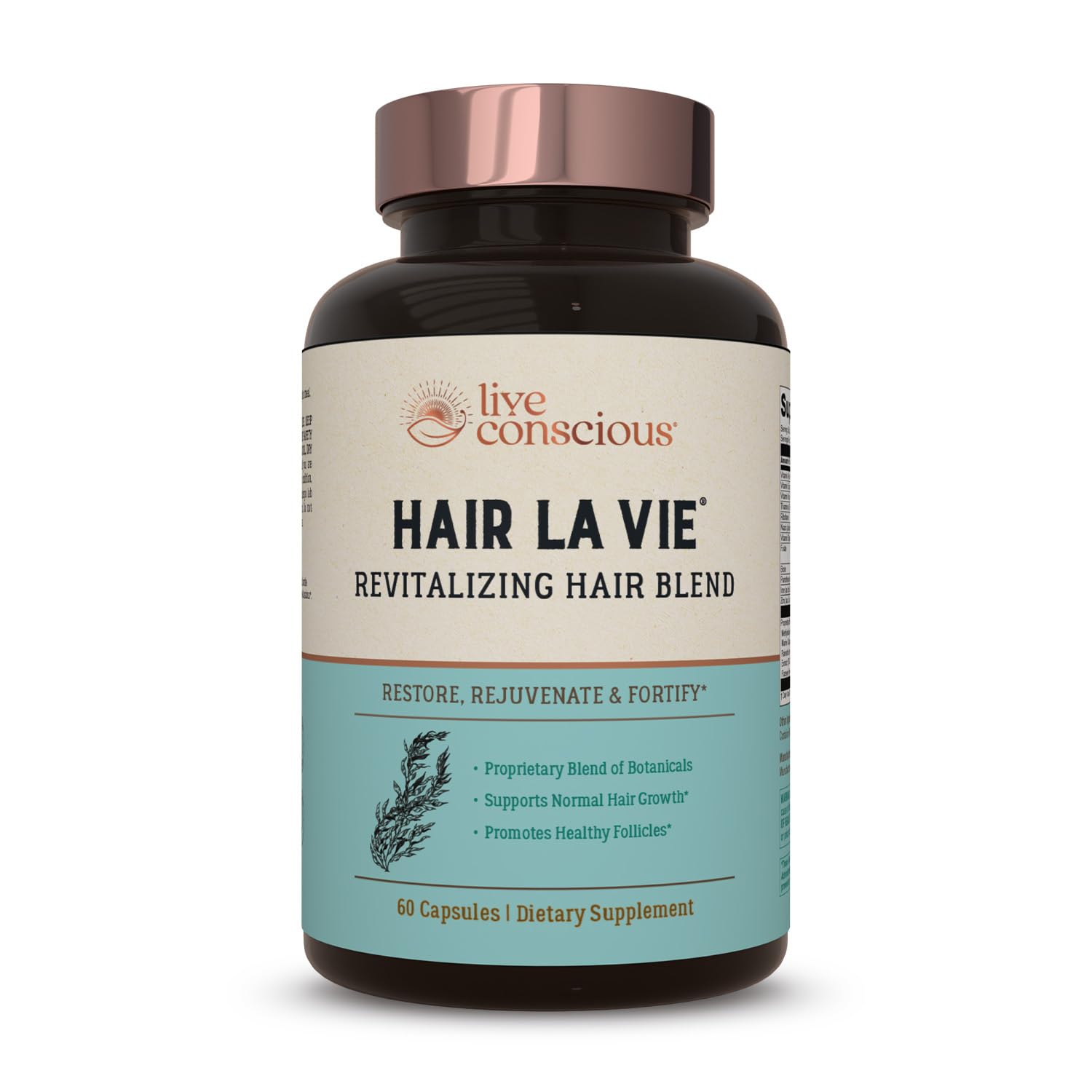 Hair La Vie Live Conscious bottle label highlights vitamins for healthier hair growth.