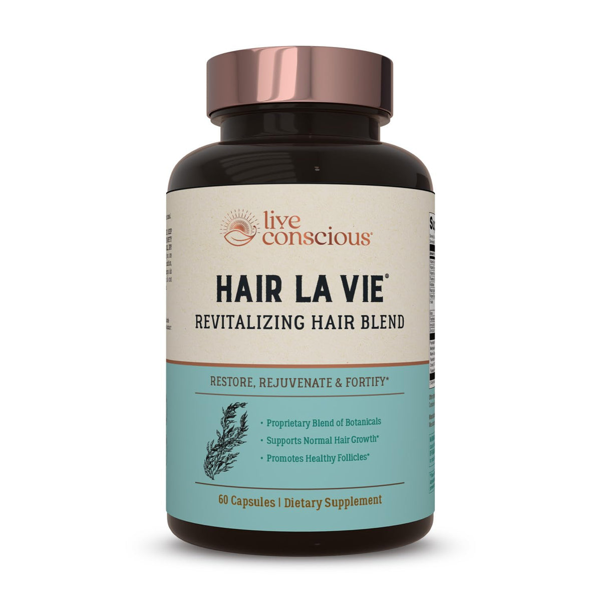 Hair La Vie Live Conscious bottle label highlights vitamins for healthier hair growth.