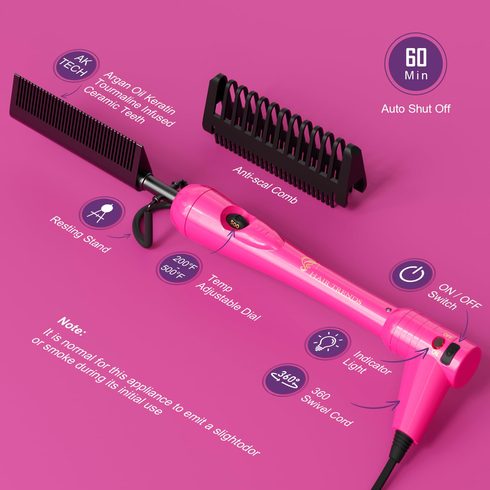 Hair Trends Mini Pink Hot Comb includes removable anti-scald shields