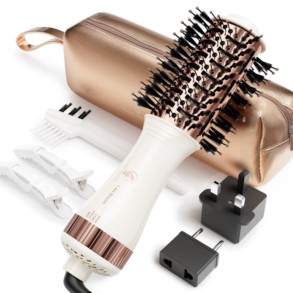 Hair Trends travel dual-voltage compact dryer brush for worldwide styling and portability.