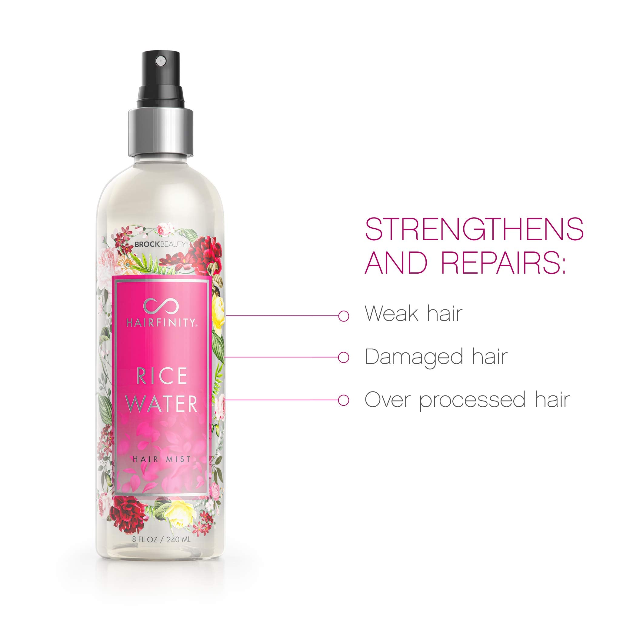 Hairfinity Rice Water Hair Mist con atomizador para distribución uniforme.