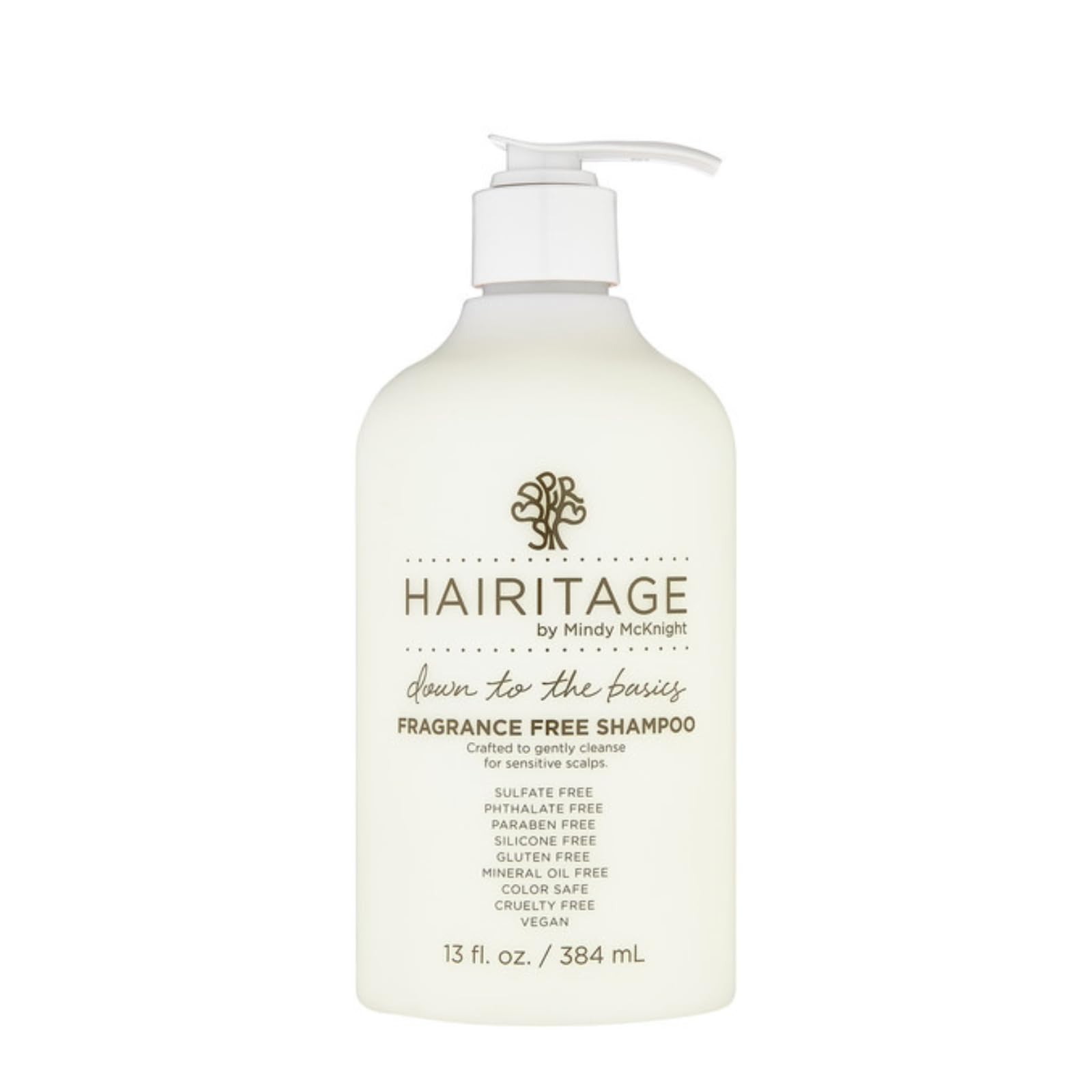 Hairitage champú Esencial, frente de la botella, limpieza suave para cuero cabelludo sensible.