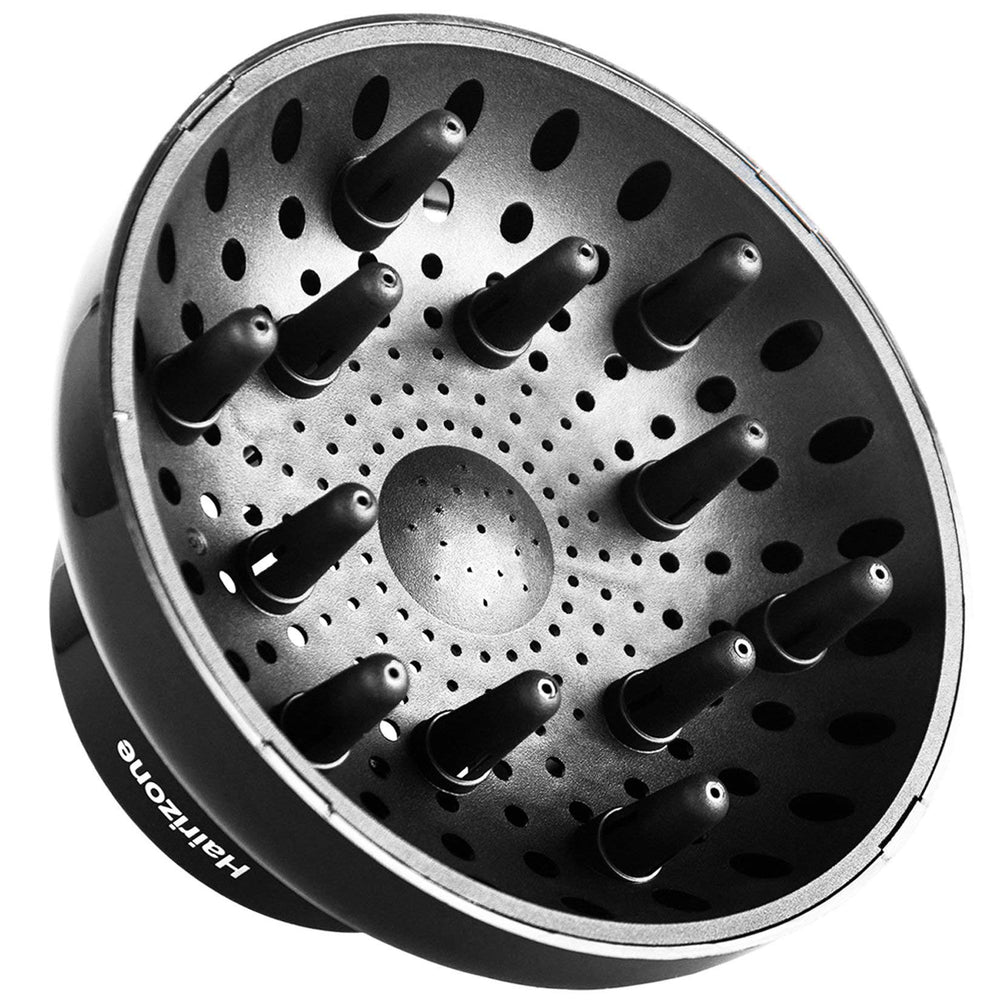 Hairizone universal diffuser on a dryer showing compatibility for gentle, even drying