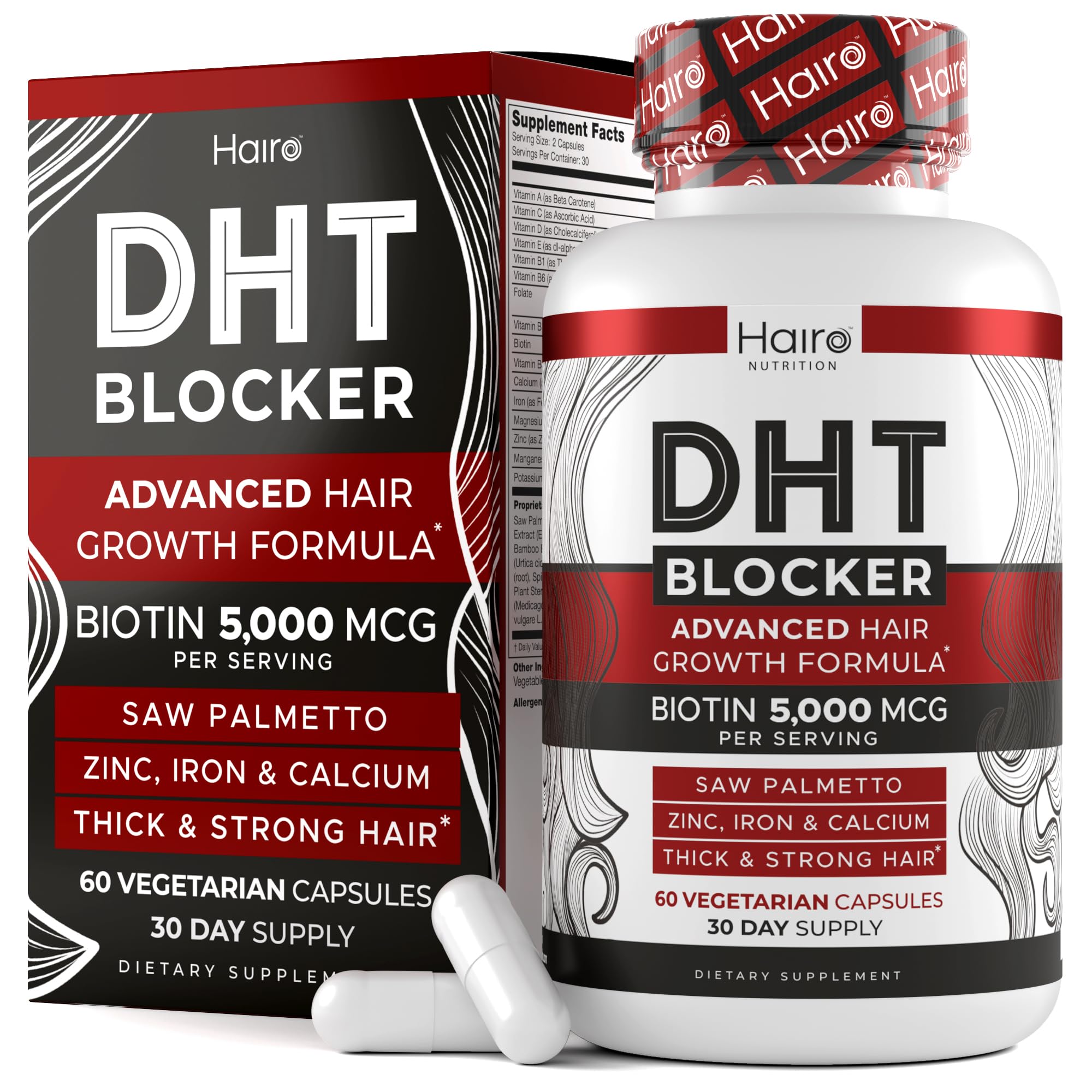 Hairo Nutrition DHT Blocker bottle label highlights premium formula for hair support.