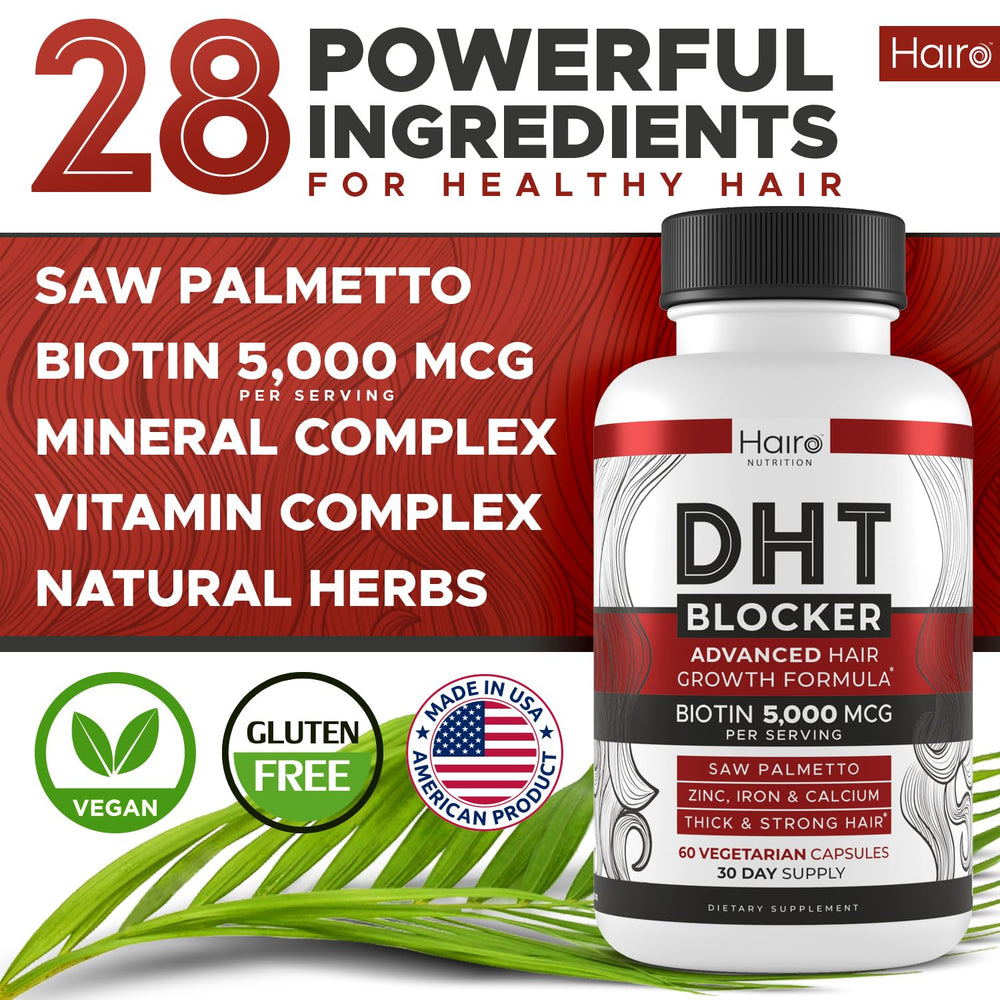 Hairo Nutrition DHT Blocker capsules close-up emphasizes high-potency ingredients.