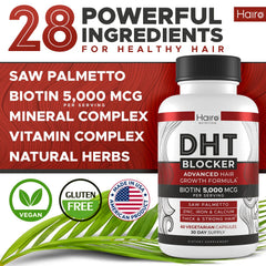 Hairo Nutrition DHT Blocker capsules close-up emphasizes high-potency ingredients.