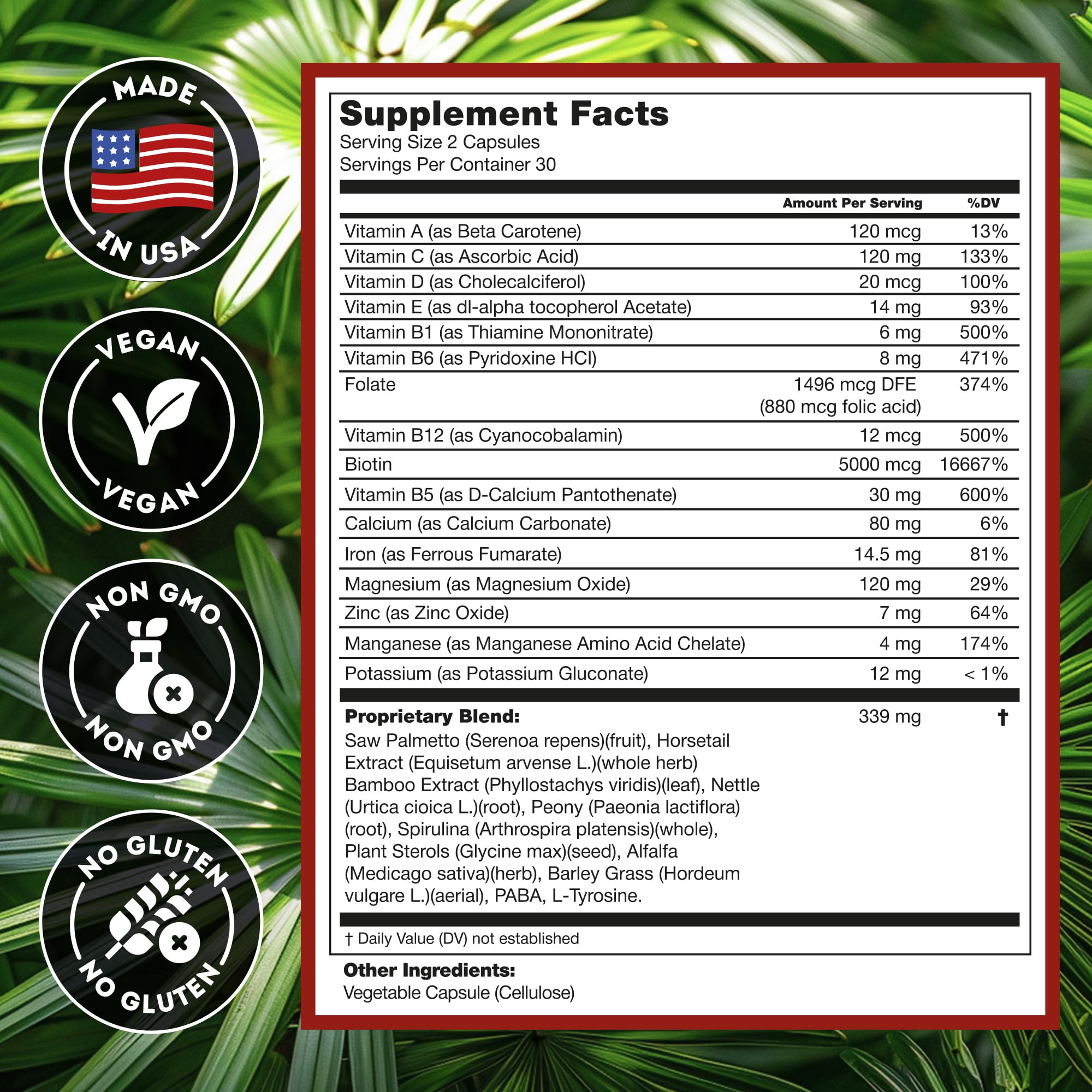 Hairo Nutrition DHT Blocker ingredient blend featuring spirulina and minerals.
