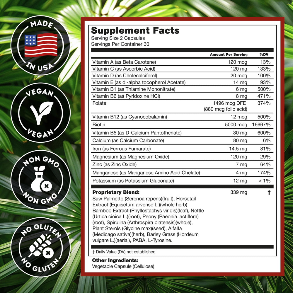 Hairo Nutrition DHT Blocker ingredient blend featuring spirulina and minerals.