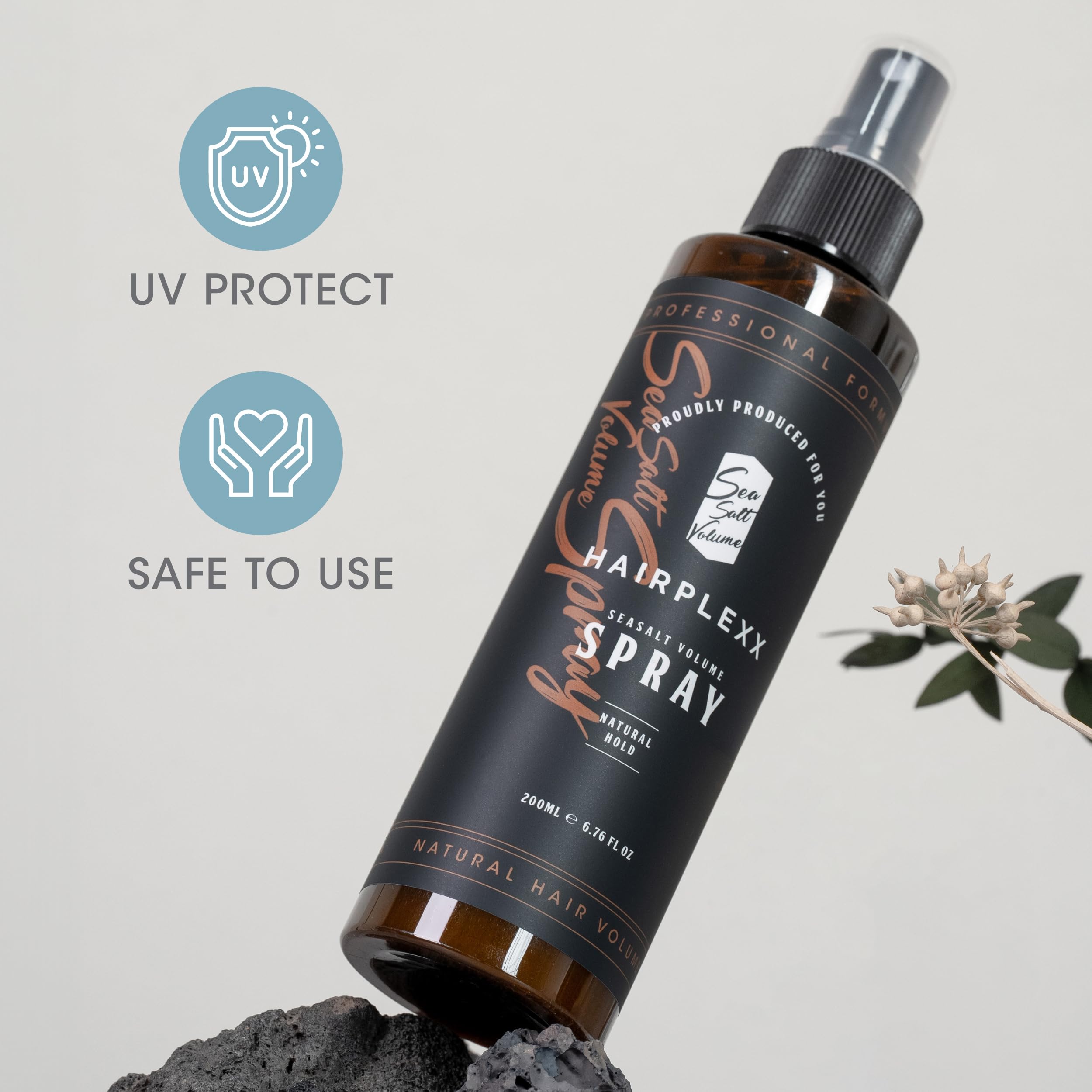 Hairplexx Sea Salt Spray with UV protection shields hair from sun exposure.