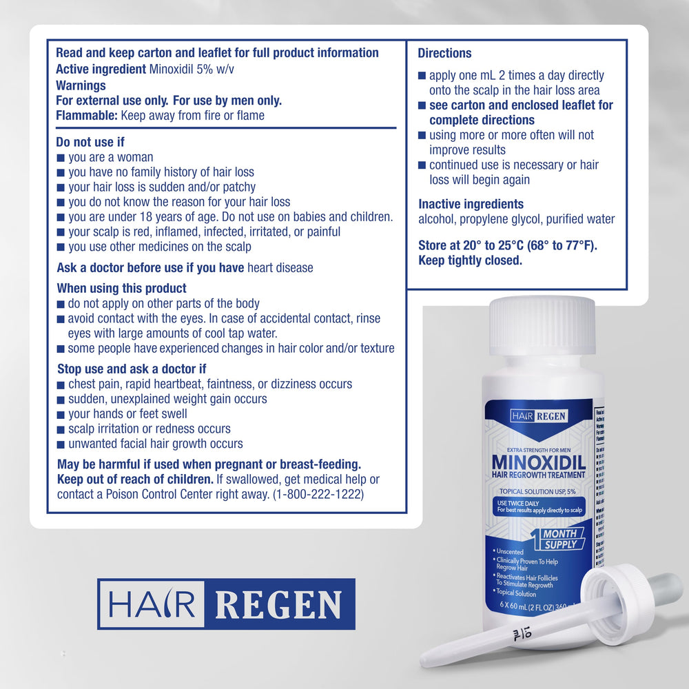 Hair Regen minoxidil five percent label closeup for consistent daily use.