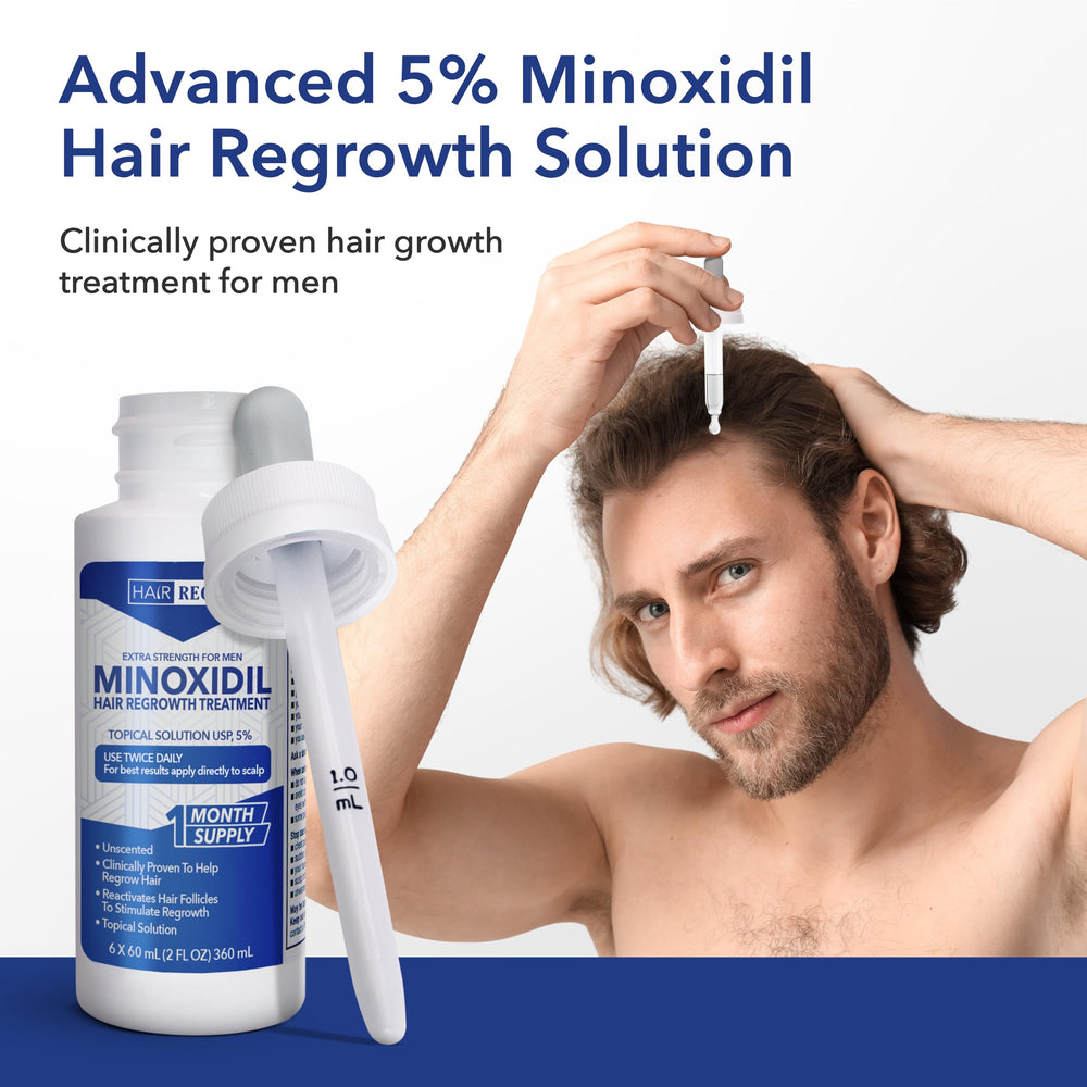 Hair Regen minoxidil five percent dropper tip shown for targeted scalp application.