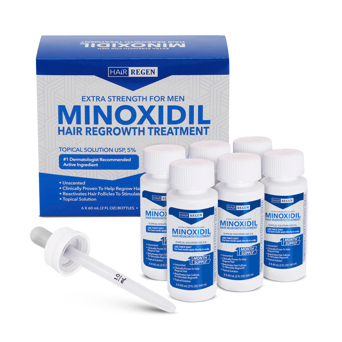Hair Regen minoxidil five percent six-pack bottles for a six-month supply.