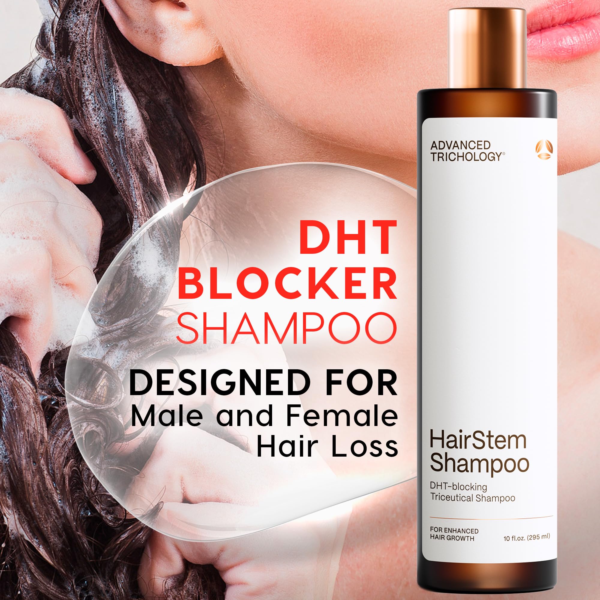 HairStem shampoo label close-up highlighting key ingredients and DHT-blocker focus.