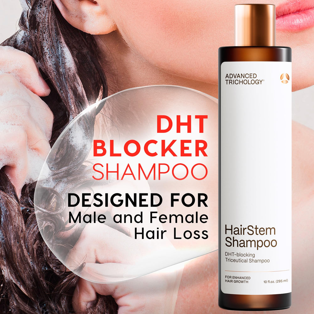 HairStem shampoo label close-up highlighting key ingredients and DHT-blocker focus.